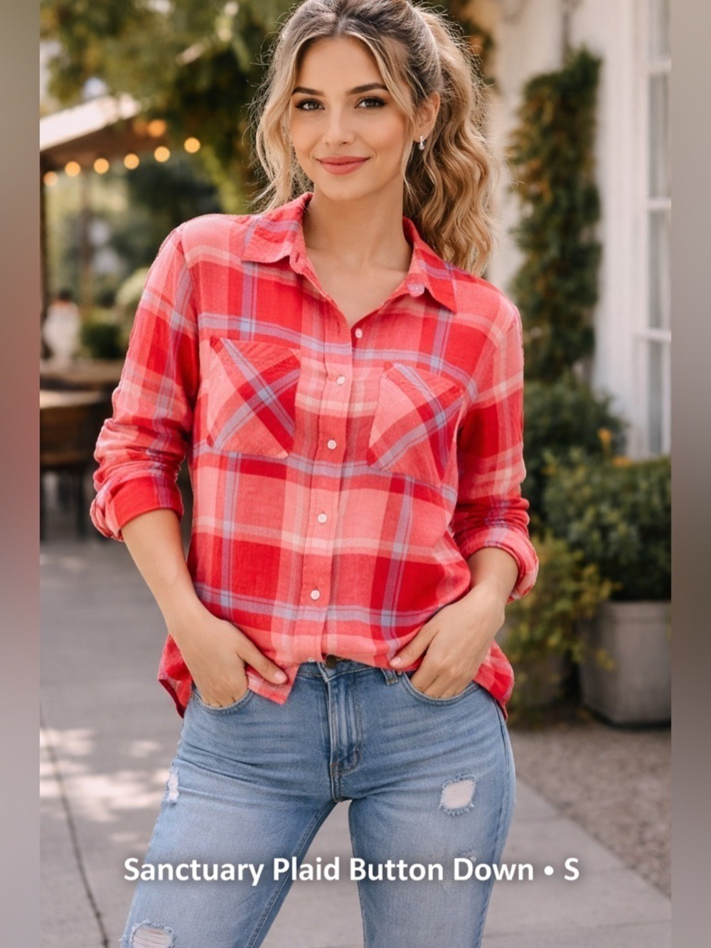 Sanctuary Plaid Button Down Shirt Linen Blend Lightweight Top Size Small - Picture 11 of 11